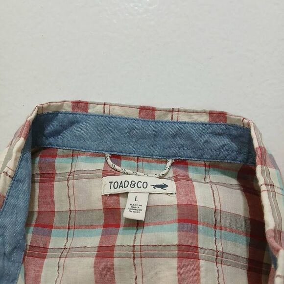 Toad and co mens lightweight organic cotton thin shirt plaid red tan - Picture 5 of 7